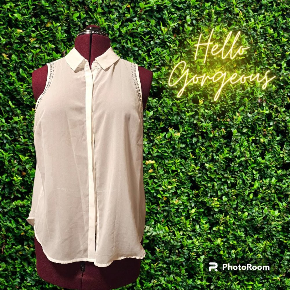 L'Amour Nanette Lepore White Sheer Sleeveless Studded Button Up Blouse‎ Size XL